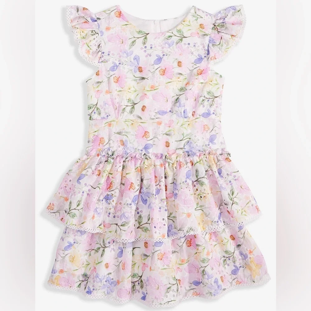 Rare Editions - Floral Eyelet Drop Waist Flutter sleeve Dress (Size 6)
